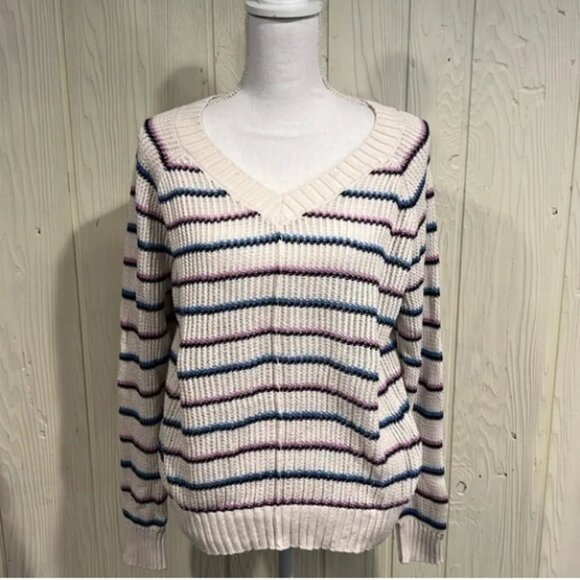 LOFT Cotton V Neck Sweater Beige with stripes Size XL - Picture 1 of 9